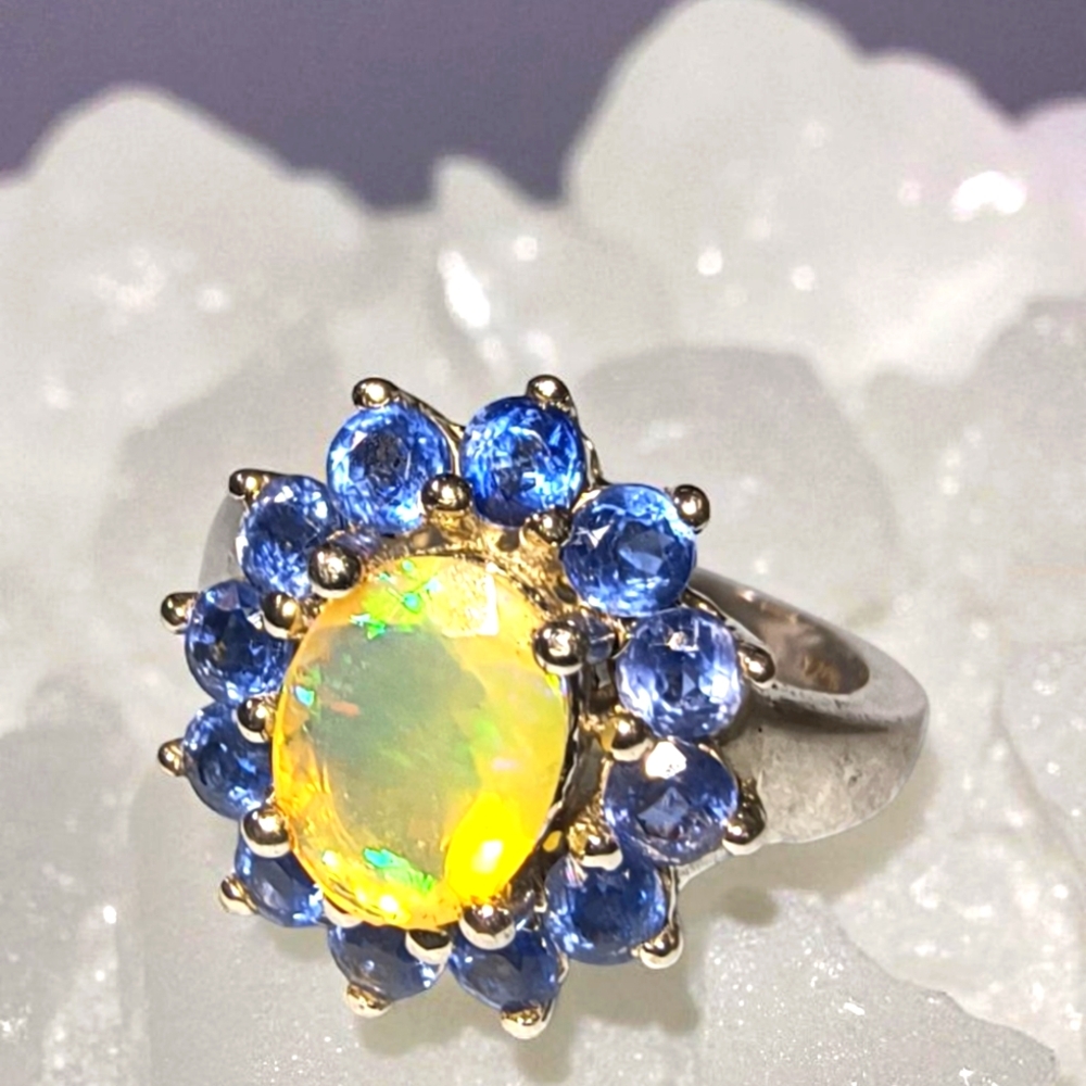 SAM Jewelers India Stunning Ethiopian Opal And Blue Sapphire Halo Ring